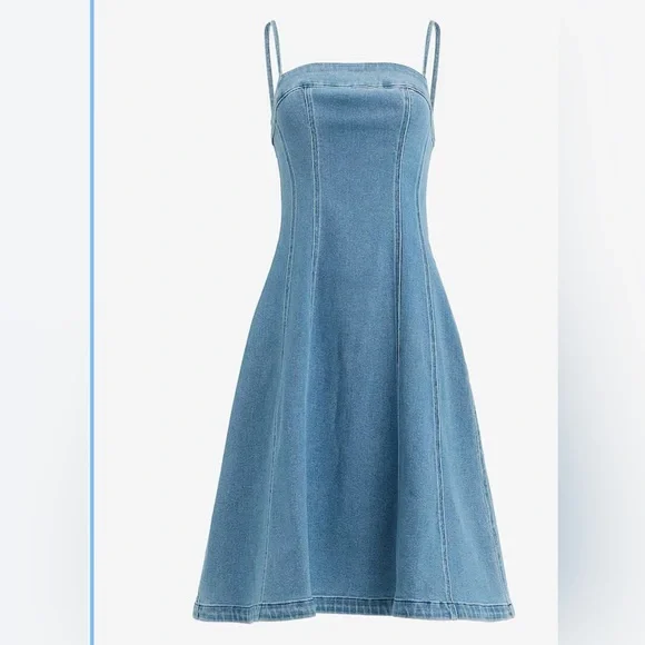 Square Neck Midi Denim Fit and Flare Dress Express - Picture 5 of 10